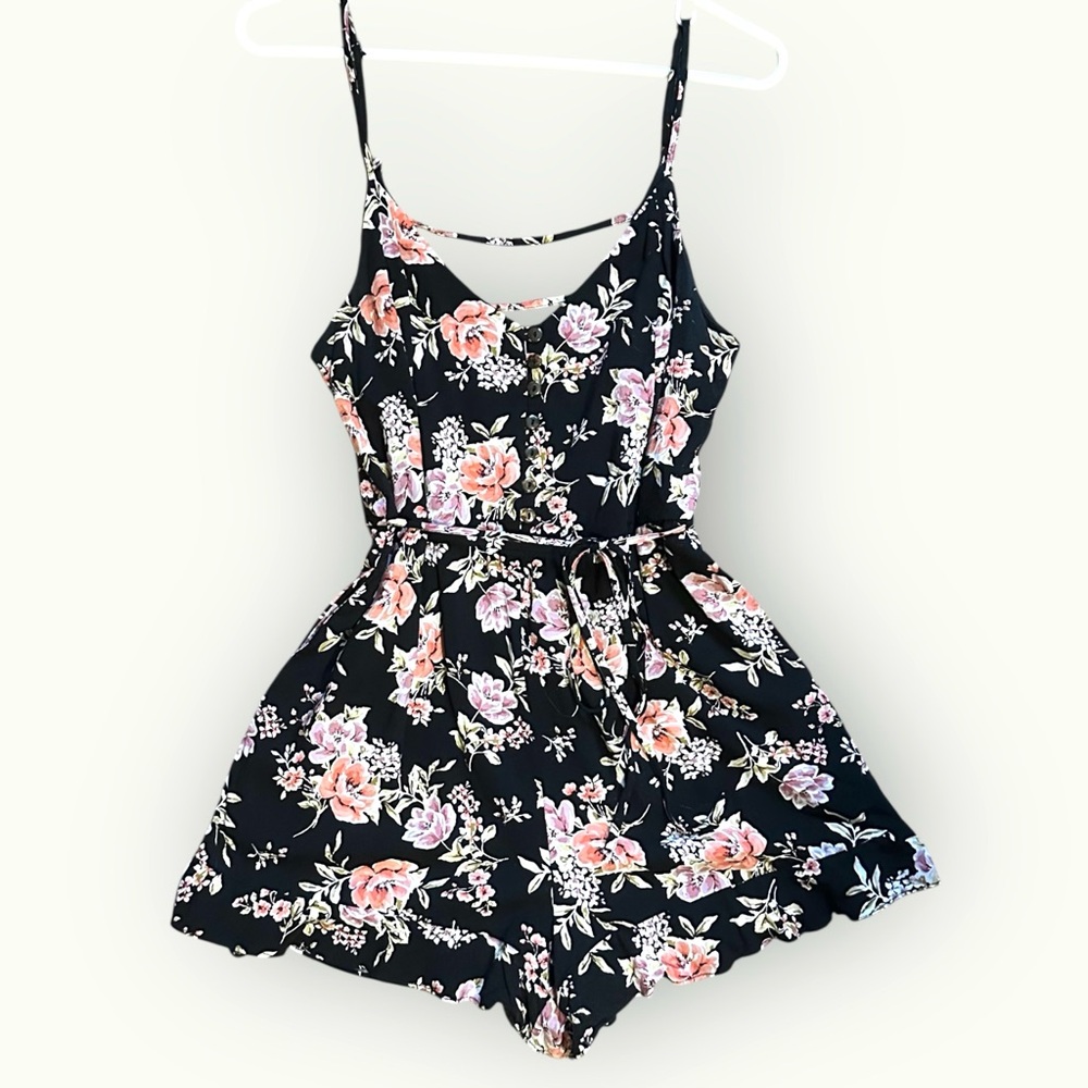 Black Romper with Pink Floral Design